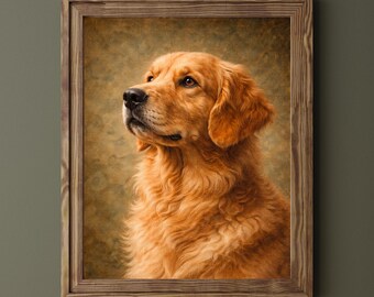 Arte de pared imprimible de Golden Retriever / Pintura clásica de retrato de perro / Decoración para amantes de los perros / Descarga digital de retrato de mascota