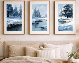 Arte mural con paisaje invernal / Juego de 3 / Imprimible con lago y bosque nevados / Decoración de pared invernal neutra / Panorámica invernal / Descarga digital