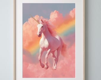 Arte de pared de unicornio imprimible / Arte de fantasía de unicornio arcoíris pastel / Decoración de cuento de hadas mágico / Descarga digital