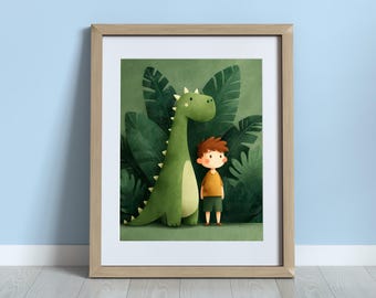 Arte de pared imprimible para guardería de dinosaurios / Ilustración de niño con dinosaurio / Decoración linda para habitación infantil / Descarga digital para guardería de jungla