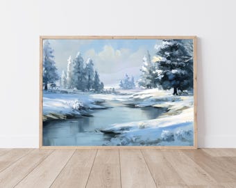 Arte mural con paisaje invernal imprimible / Paisaje nevado de río y bosque / Decoración natural invernal apacible / Descarga digital