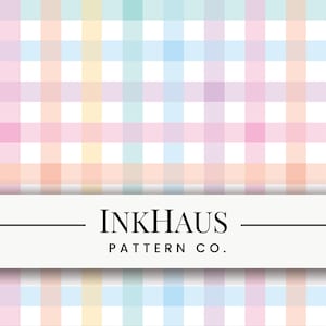 Pode incluir: Um padrão xadrez pastel em tons de rosa, azul, amarelo e pêssego. O design apresenta uma grade de linhas que se cruzam, criando um efeito quadriculado. O texto "INKHAUS PATTERN CO." é exibido em uma faixa branca.