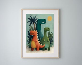 Arte de pared imprimible de dinosaurios para guardería / Ilustración de un trío de dinosaurios / Decoración para habitación infantil y guardería en la jungla / Descarga digital