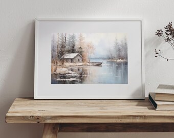 Arte de pared imprimible de cabaña de invierno / Pintura acogedora de paisaje junto al lago / Decoración rústica neutra de naturaleza / Descarga digital
