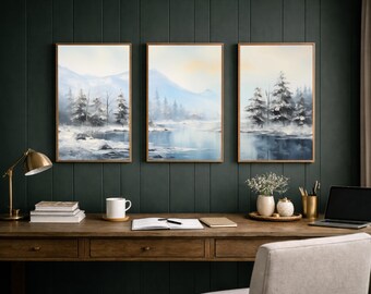 Arte mural con paisaje invernal / Juego de 3 / Imprimible con lago y bosque nevados / Decoración de pared invernal neutra / Panorámica invernal / Descarga digital