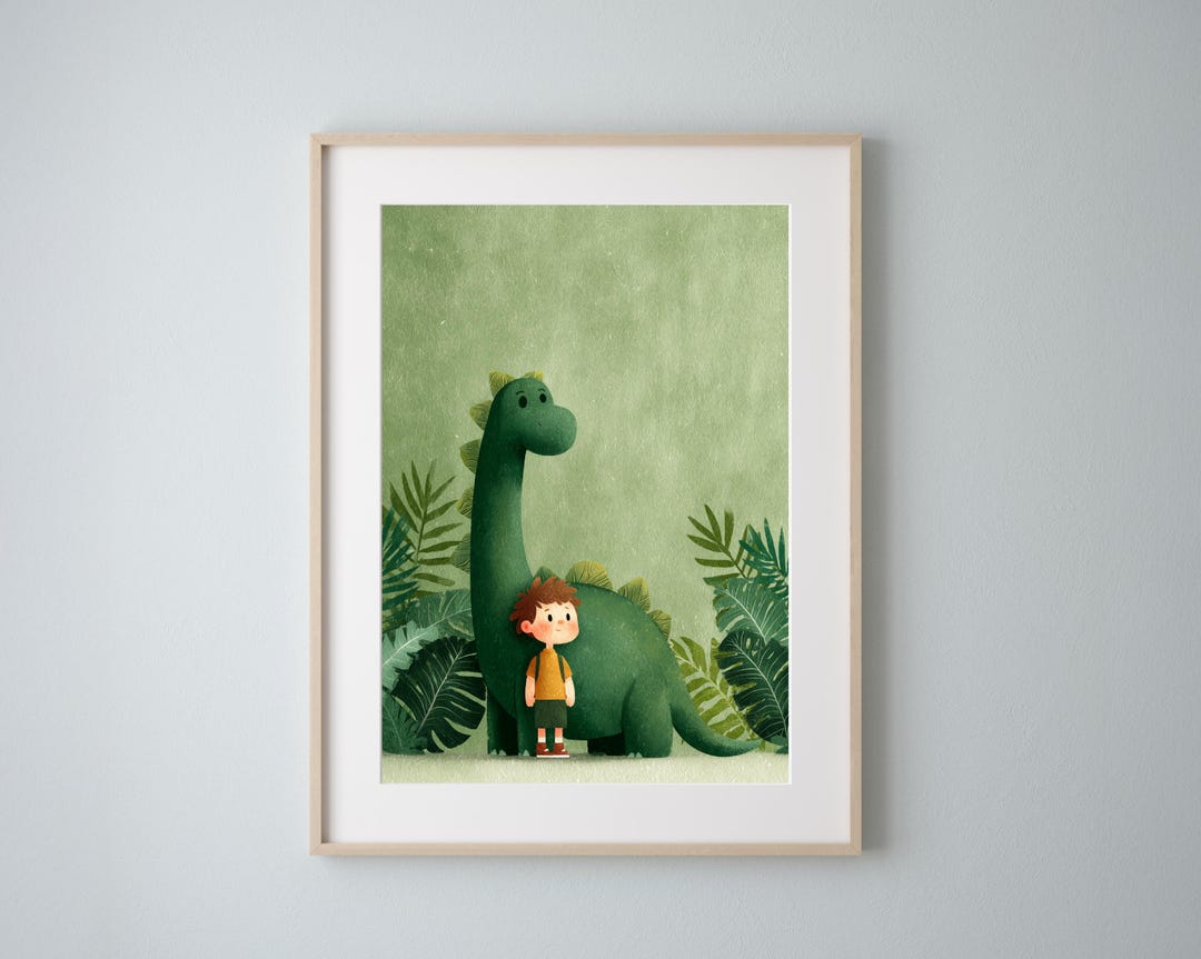 Boy With Dinosaur Nursery Wall Art | Whimsical Kids Room Decor | Jungle ...