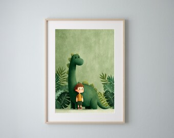Arte de pared para habitación infantil con niño y dinosaurio / Decoración infantil caprichosa / Ilustración de la jungla descarga digital