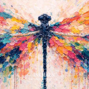 May include: A vibrant, textured painting of a dragonfly with outstretched wings. The dragonfly's body is dark blue, and its wings are a mosaic of bright colors, including pink, orange, yellow, and blue. The artwork has a painterly style.