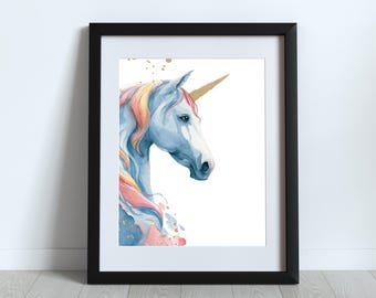 Arte de pared de unicornio en acuarela imprimible / Decoración de guardería de unicornio pastel / Obra de arte de unicornio de cuento de hadas mágico / Descarga digital