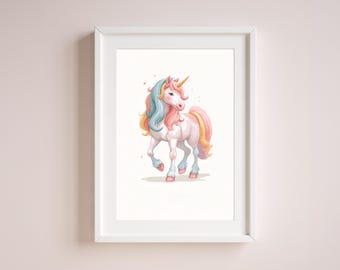 Arte de pared de unicornio imprimible / Decoración de guardería de unicornio pastel / Obra de arte caprichosa para habitación infantil / Descarga digital de fantasía mágica