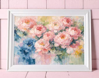 Arte de pared imprimible para dormitorio / Pintura floral de peonía pastel / Decoración bohemia para habitación de adolescentes / Arte estético rosa y azul / Descarga digital