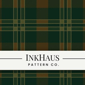May include: A seamless plaid pattern in shades of green and brown, with a white banner at the bottom. The banner features the text "INKHAUS PATTERN CO." in a serif font. The plaid design has a classic, symmetrical arrangement.
