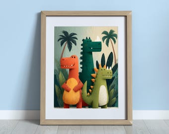 Arte de pared imprimible de dinosaurios para guardería / Ilustración de un trío de dinosaurios / Decoración para habitación infantil y guardería en la jungla / Descarga digital