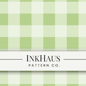 Puede incluir: Un patrón de cuadros vichy verde claro y blanco. El diseño presenta una cuadrícula de cuadrados verdes claros y blancos alternados. El texto "INKHAUS PATTERN CO." se muestra en una pancarta blanca en la imagen.