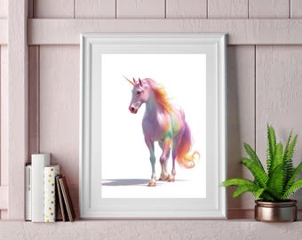 Arte de pared de unicornio imprimible / Arte de unicornio arcoíris pastel / Decoración de guardería de fantasía mágica / Descarga digital de habitación de niña caprichosa