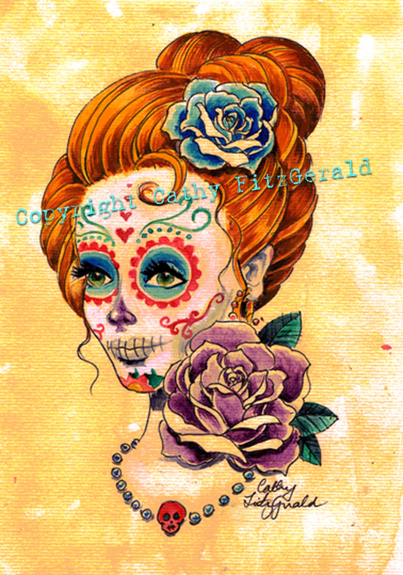 A4 Dia De Los Muertos Catrina With Roses Tattoo Art Print Etsy