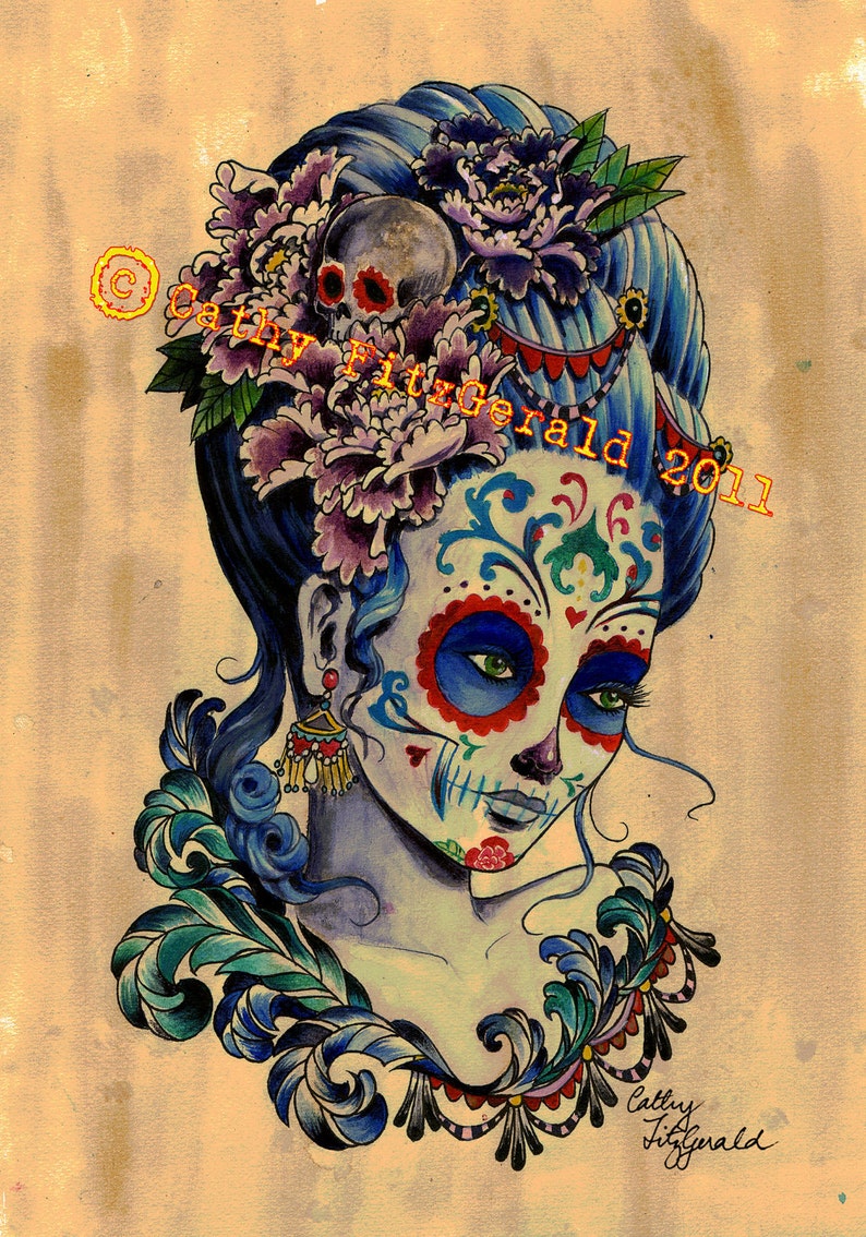 A4 Marie Dia de los Muertos Tattoo Art Print