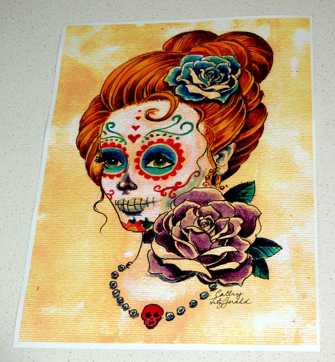 A4 Dia De Los Muertos Catrina With Roses Tattoo Art Print Etsy