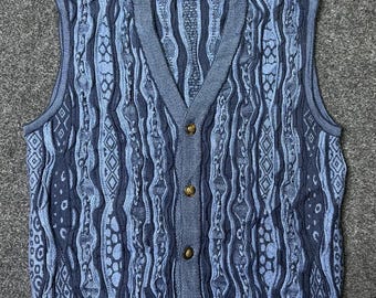 Vintage Geccu 3D Knit Merino Wolle Pullover Weste - Blau Zopfmuster (Herren M)