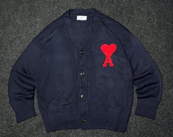 Vintage AMI Paris Ami de Coeur Virgin Wool Cardigan Sweater – Blue Men's L