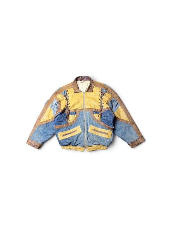 Vintage 80s Leather Denim Bomber Jacket, Multicolor Patchwork Style