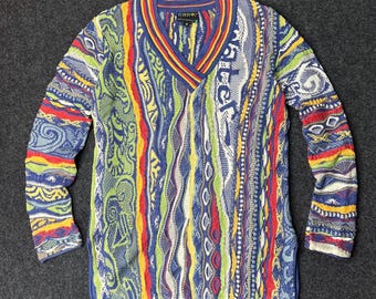 80s Coogi 3D Knit Sweater: Rare Multicolor V-Neck Pullover (Size S)