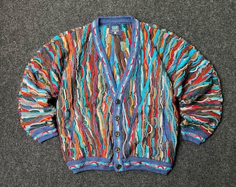 Vintage Limnos Australia 90s Rare wool knit Coogi style Cardigan Sweater Men's S, M multicoloured