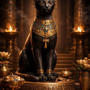 May include: A black cat statue with gold jewelry, including a collar, earrings, and armbands. The cat sits on a gold pedestal with hieroglyphs. The background features pillars, candles, and decorative items. The text "Sagi's MEOW&BOW" is at the bottom.