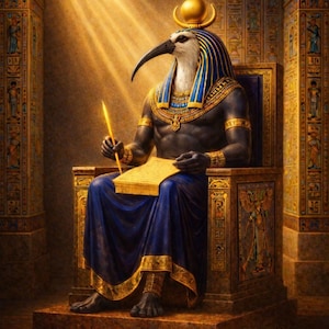 May include: Digital artwork depicting Thoth, an Egyptian deity, seated on a throne. The figure has a bird's head, dark skin, and wears blue and gold garments. He holds a writing instrument and a scroll. The background features hieroglyphs and golden light.