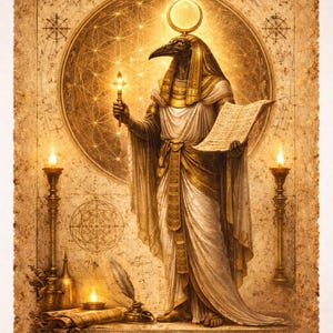 Puede incluir: Ilustración de una deidad egipcia con cabeza de pájaro, sosteniendo una vela encendida y un pergamino. La figura viste túnicas blancas y doradas, de pie frente a un círculo dorado con patrones geométricos. La imagen tiene una textura de papel envejecido.