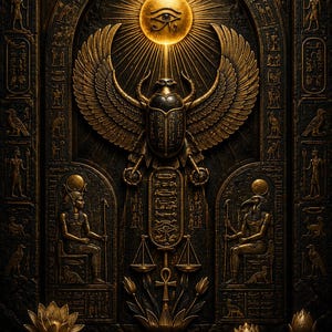 May include: A dark, textured wall plaque featuring a central winged scarab beetle beneath a radiant Eye of Horus. Below are two seated figures, a central cartouche, scales, and an ankh symbol. Gold lotus flowers float in water at the base. Text reads Sagi's MEOW&BOW.