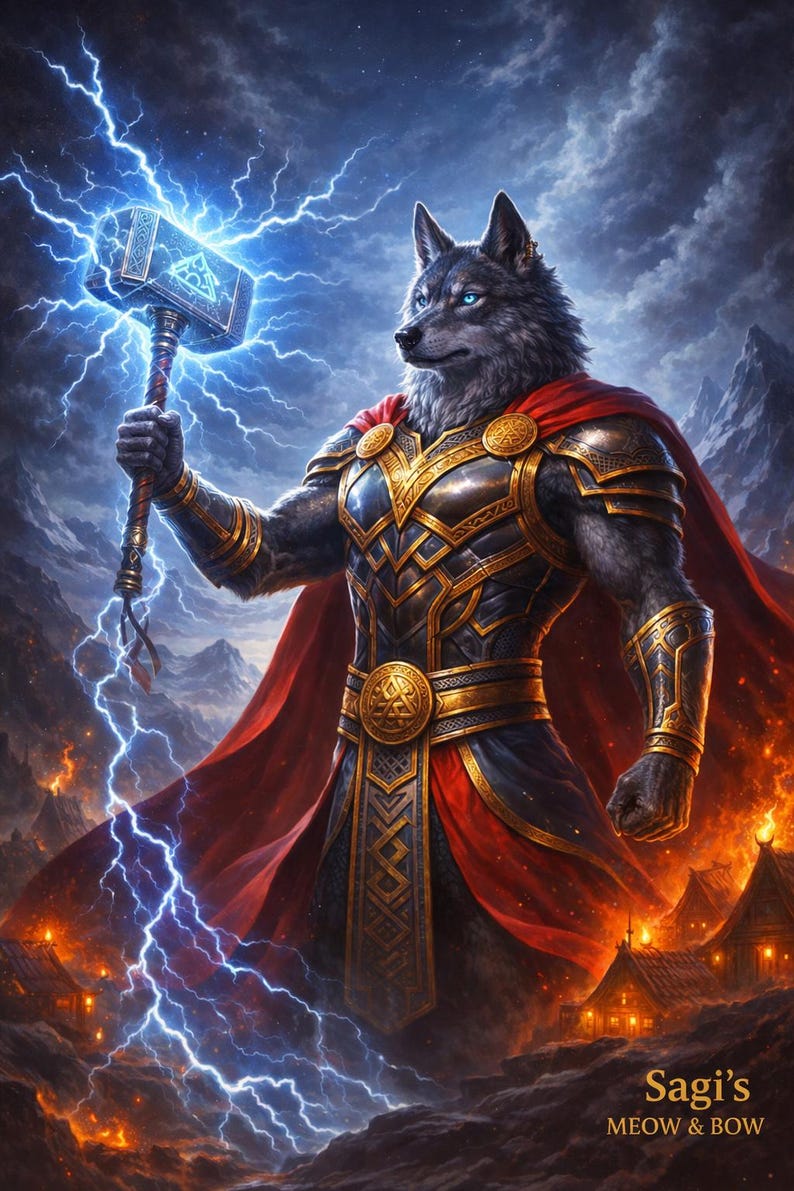 Thor Wolf God Art Print | Norse Mythology Lightning Decor (digital ...