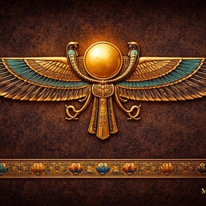 May include: An ornate illustration of an Egyptian winged sun disc, with gold and teal detailing. The design features a central sun disc, stylized wings, and two cobras. The background is a textured brown with a decorative border.