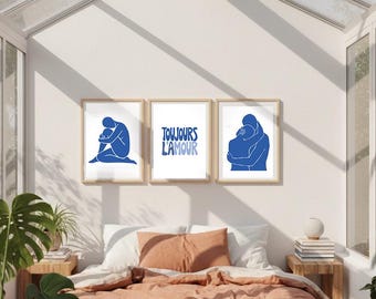 Minimalistische muurkunstset stel | Blauwe abstracte liefdesafdrukken | Moderne digitale download