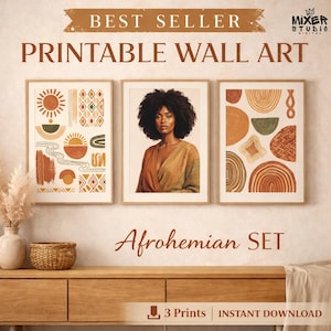 May include: A set of three framed prints labeled "Printable Wall Art". The prints feature abstract geometric designs in earth tones, and a portrait of a woman. The text "Afrohemian SET" is displayed below the prints. The words "Best Seller" are at the top.