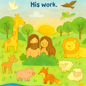 May include: A colorful illustration with the text "On the seventh day, God rested from His work." The image depicts a giraffe, lion, sheep, and other animals in a vibrant landscape with a sun and water.