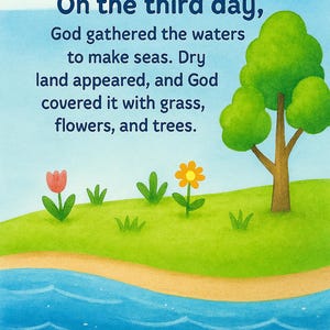 May include: A colorful illustration depicts a scene from the Bible. Text reads "On the third day, God gathered the waters to make seas. Dry land appeared, and God covered it with grass, flowers, and trees." A tree, flowers, and water are visible.
