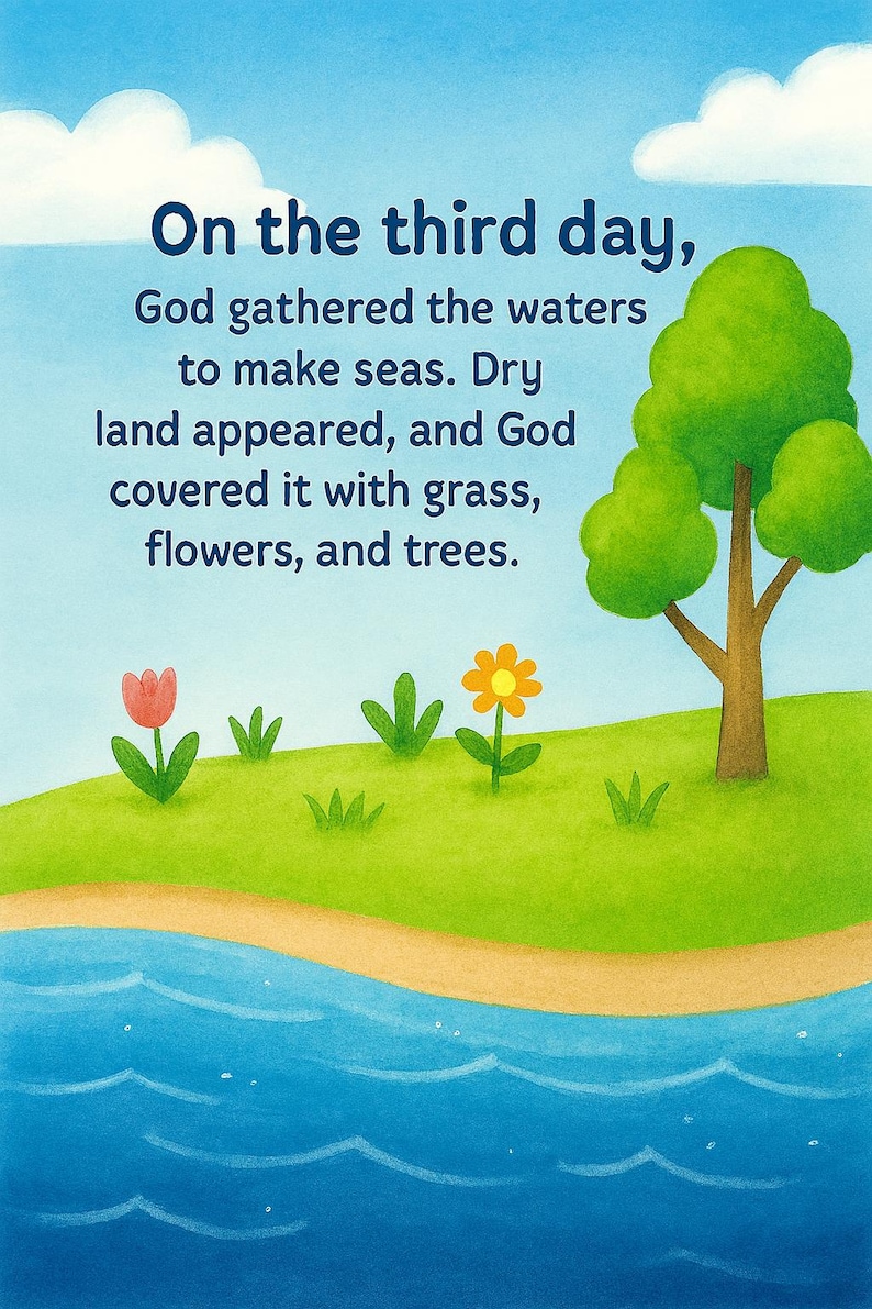 May include: A colorful illustration depicts a scene from the Bible. Text reads "On the third day, God gathered the waters to make seas. Dry land appeared, and God covered it with grass, flowers, and trees." A tree, flowers, and water are visible.