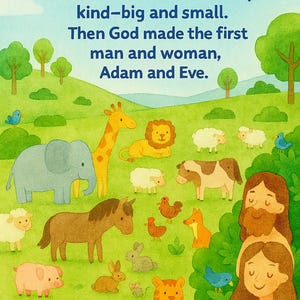 May include: A colorful illustration depicts various animals, including a giraffe, lion, elephant, and tiger, along with Adam and Eve. The text at the top reads, "On the sixth day, God made animals of every kind-big and small. Then God made the first man and woman, Adam and Eve."