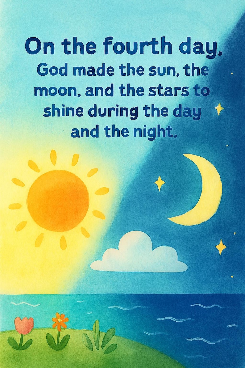 May include: Watercolor illustration with text: "On the fourth day. God made the sun, the moon, and the stars to shine during the day and the night." The image features a yellow sun, a crescent moon, stars, a cloud, and flowers.