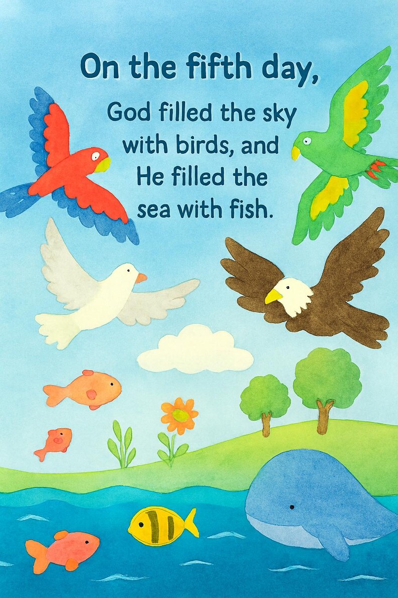 May include: Watercolor illustration with text "On the fifth day, God filled the sky with birds, and He filled the sea with fish." Features colorful birds, fish, a whale, and a flower against a blue sky and water background.