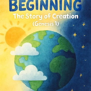 May include: Watercolor illustration of a book cover with the title "IN THE BEGINNING" in blue, over a depiction of Earth with clouds, sun, and stars. The subtitle reads "The Story of Creation (Genesis 1)". The background transitions from yellow to blue.