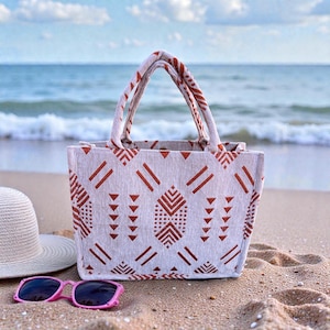 Beige Geometric Cabas Bag, Handmade Neutral Tote Bag, Terracotta Ethnic Shopper, Boho Structured Shoulder Bag, Mudcloth Style Market Tote