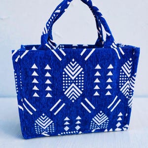 Blue Geometric Cabas Bag, Handmade Fabric Tote Bag, African Mudcloth Style Shopper, Ethnic Boho Cabas, Structured Everyday Shoulder Bag