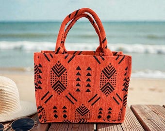 Terracotta Geometric Cabas Bag, Handmade Moroccan Tote Bag, Ethnic Boho Shoulder Bag, Structured Mudcloth Style Shopper, Orange Market Tote