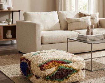 Moroccan Wool Pouf Cover, Handmade Berber Ottoman, Beni Ourain Style Floor Cushion, Colorful Moroccan Pouf, Unstuffed Pouf Cover