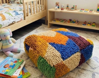 Handmade Moroccan Wool Pouf Cover – Geometric Berber Ottoman – Blue & Mustard Floor Cushion – Boho Decor – Unstuffed