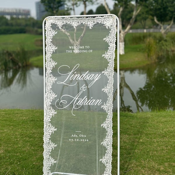Personalized Sheer Chiffon Tulle Wedding Welcome Sign: Lace Trim, Custom Design