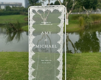 Personalized Sheer Tulle Wedding Welcome Sign: Lace Trim, Modern Romantic Banner Decor