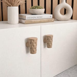 Könnte beinhalten: Ein weißer Schrank mit zwei braunen, strukturierten Schrankgriffen. Der Schrank ist mit dekorativen Gegenständen belegt, darunter Bücher mit dem Text "DESIGN NOW!" und "INTERIOR DESIGN", eine Vase und eine Schale mit Grünzeug. Der Hintergrund zeigt eine Holzlattenwand.